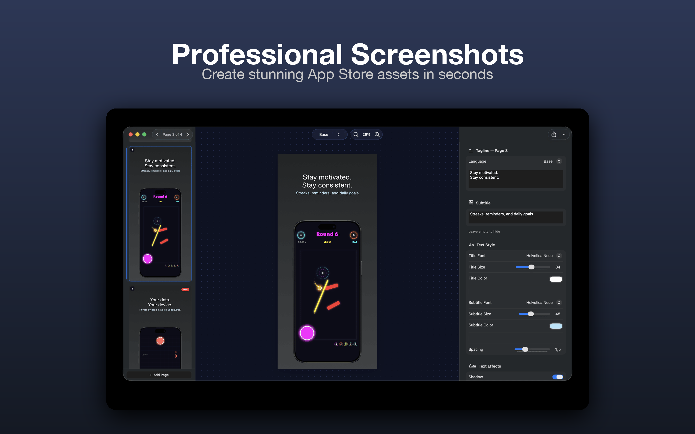 Professional Screenshots view in AppShotKit editor